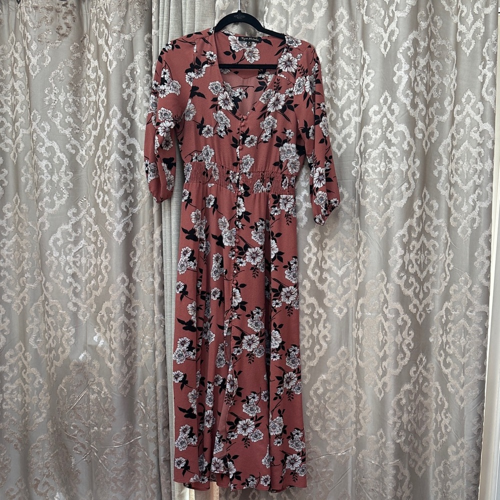 Ryan Michelle Mauve Pink Floral Print Maxi Dress Size Medium